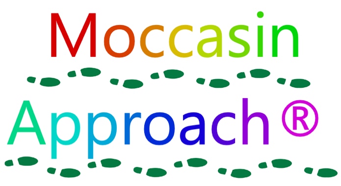 An image showing the Moccasin Approach with multi coloured footprints beneath the words