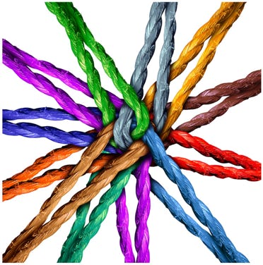 Various multi coloured ropes all joined in the centre