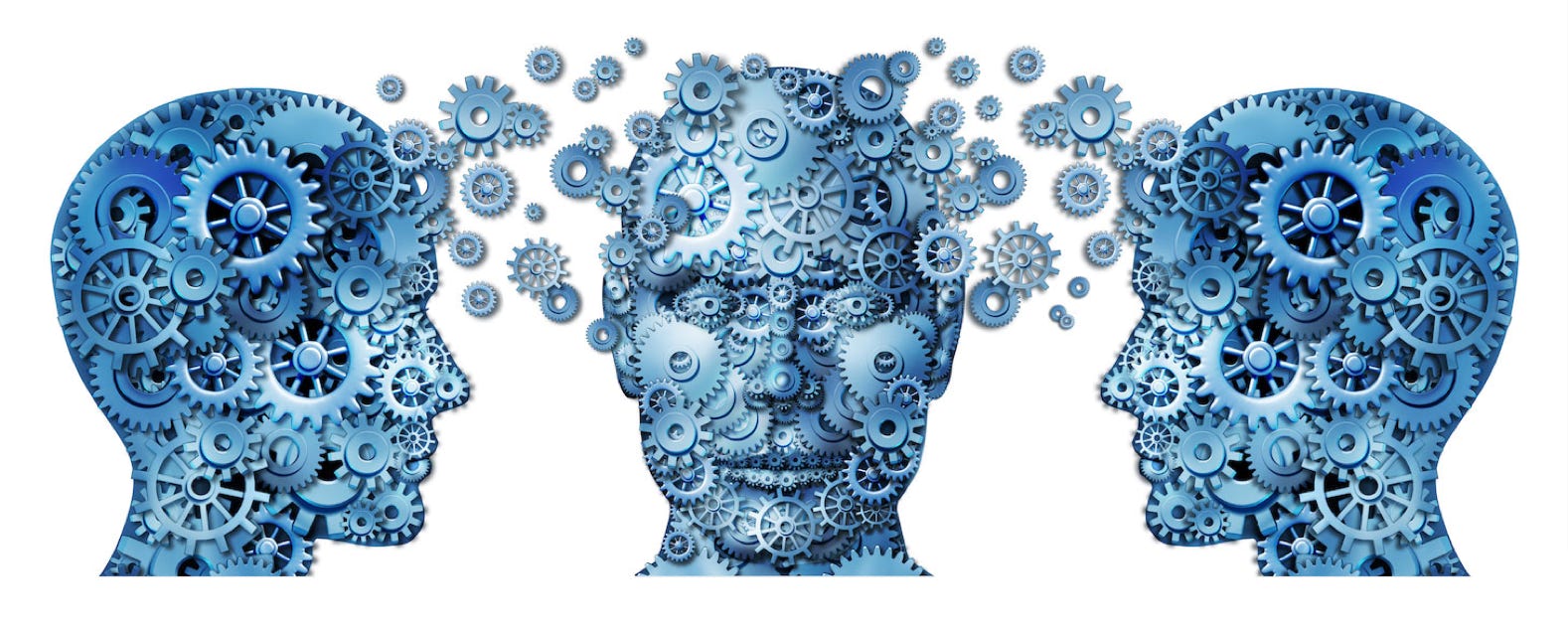 Image of three heads made of cogs and the cogs from each head are mixing with each of the other heads.