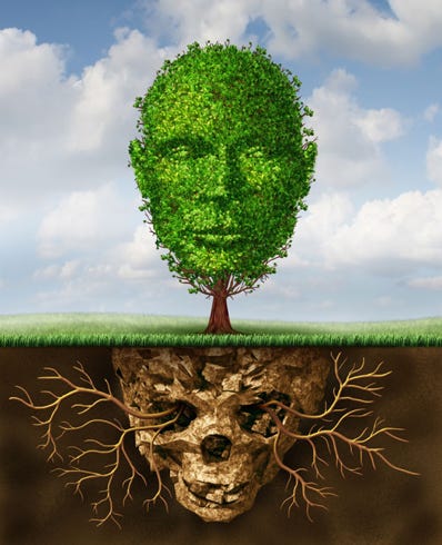 Image showing a green leafy tree shaped and looking like a head, whilst below the ground we see the roots have rotted and they look like a skull