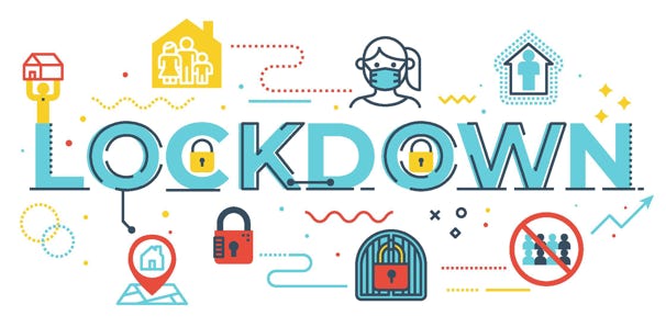 Image depicting Lockdown with small images of a person wearing a mask, locks, no gathering together, and the virus.