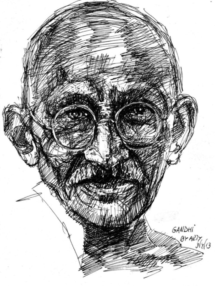 A black and white sketch of Mahatma Gandhi