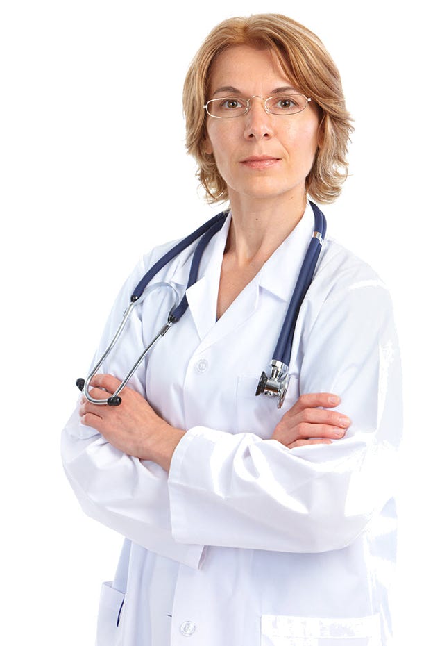 Woman doctor in white coat with stethescope around her neck