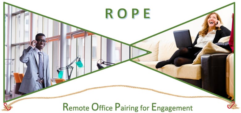 Image depicting our ROPE techniche showing a person working from the office, with another person working from home. They are chatting on the phone and smiling