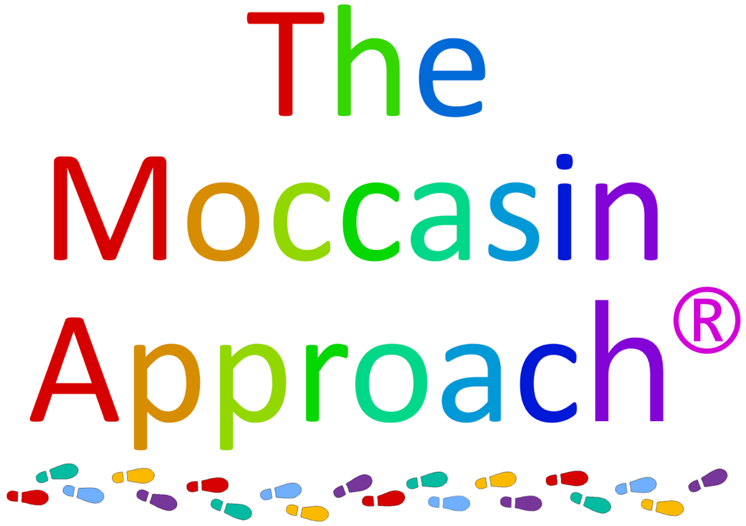 An image showing the Moccasin Approach with multi coloured footprints beneath the words