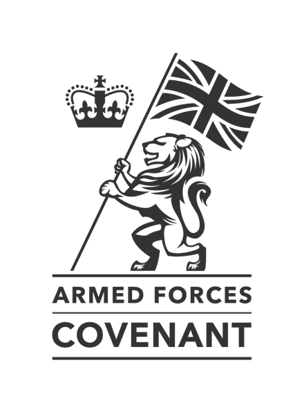 The Armed Forces Covenant logo of a lion with the Union flag and a royal crown with the words "Armed Forces Covenant"